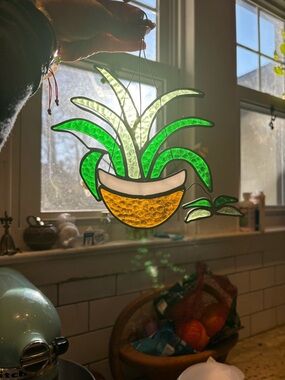 ✨SOLD✨Stained Glass Potted Plant Hanging Art - Green & Yellow
